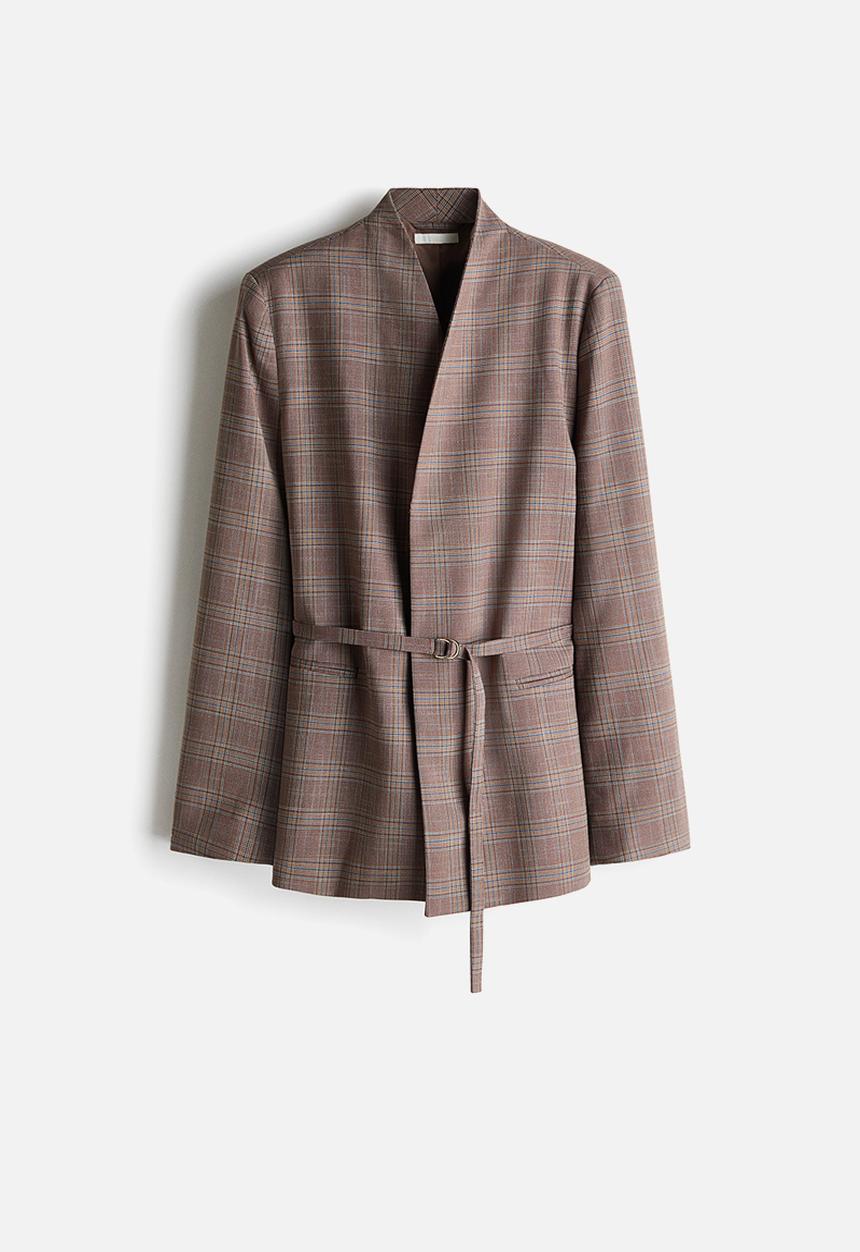 H&M - Belted throw-on blazer - brown/checked
