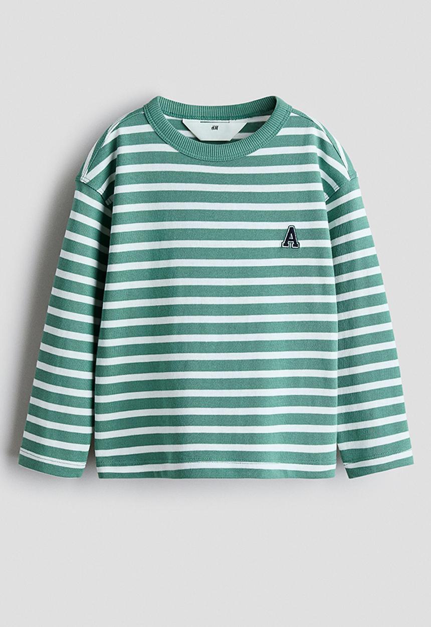 H&M - Motif-detail long-sleeved t-shirt - dusty green/striped