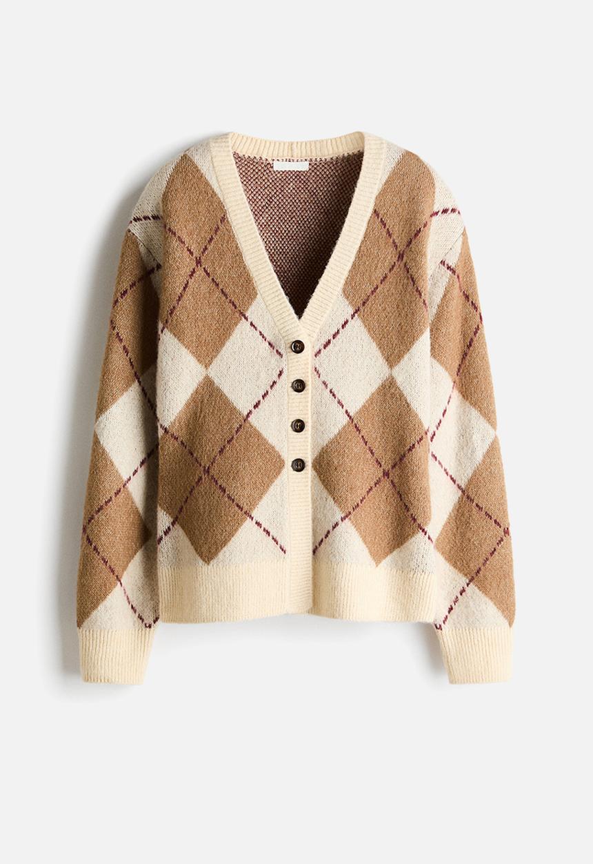 Jacquard-knit cardigan - light beige/argyle pattern - 1336802001