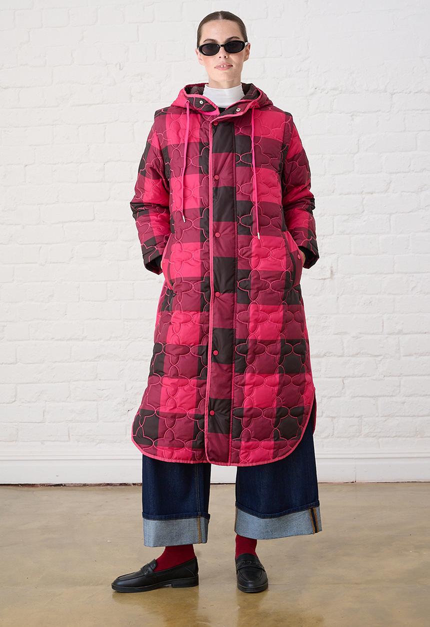 Me&B - The Multiway Check Maxi Puffer - Burgundy