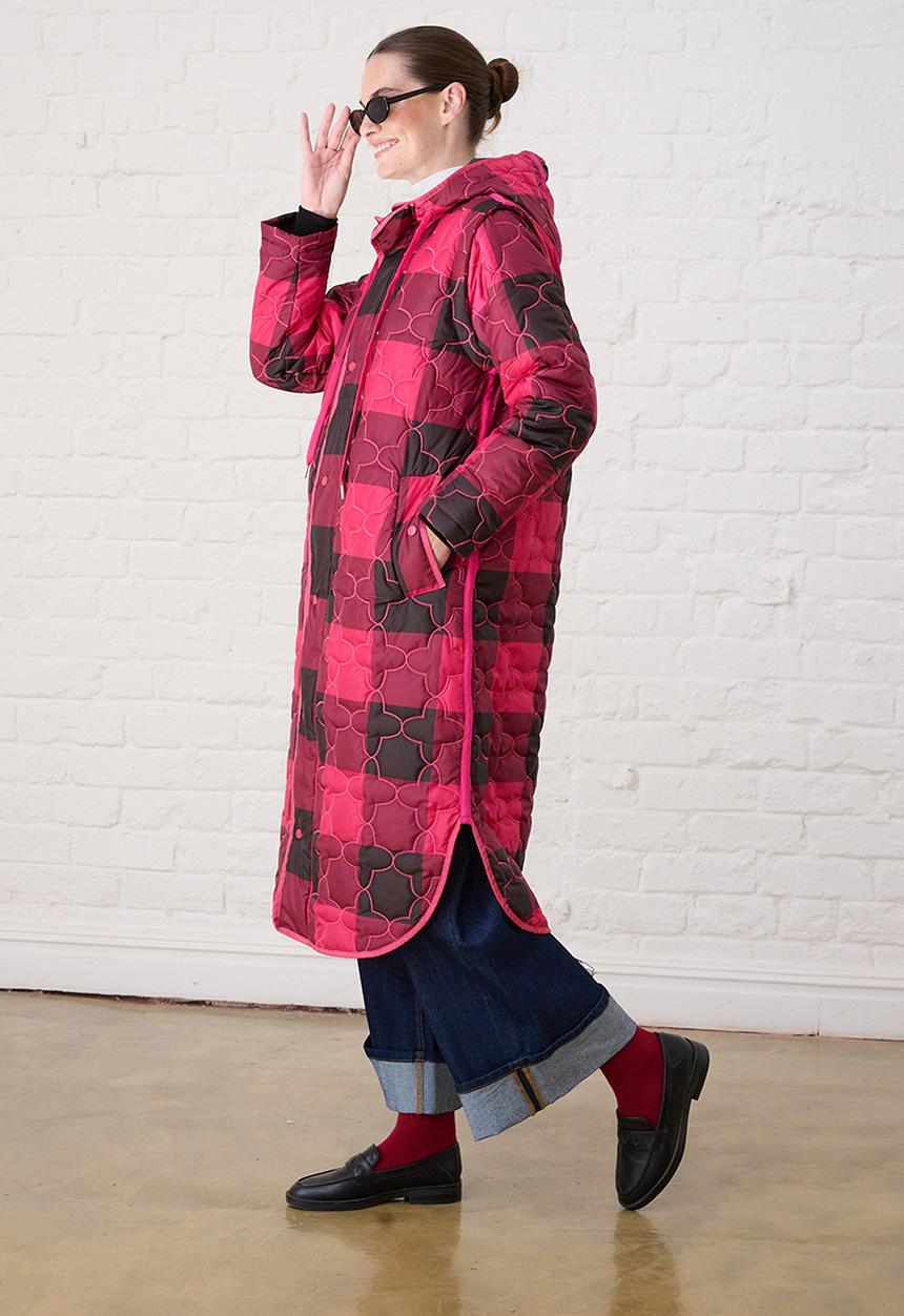 Me&B - The Multiway Check Maxi Puffer - Burgundy