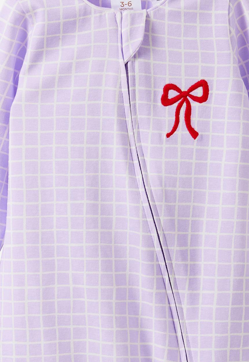 Cotton On - Growie Long Sleeve Zip Romp/Vintage Lilac/Bow Grid