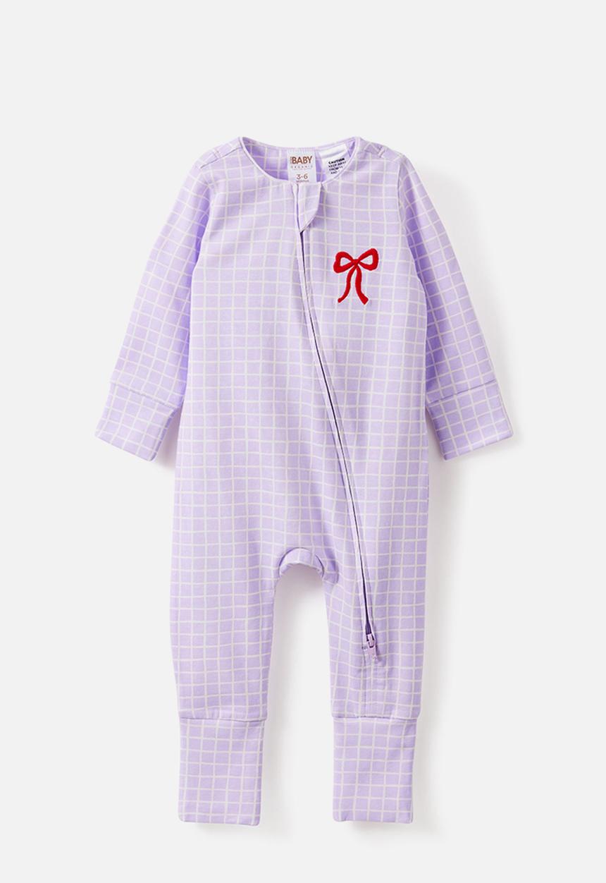 Cotton On - Growie Long Sleeve Zip Romp/Vintage Lilac/Bow Grid