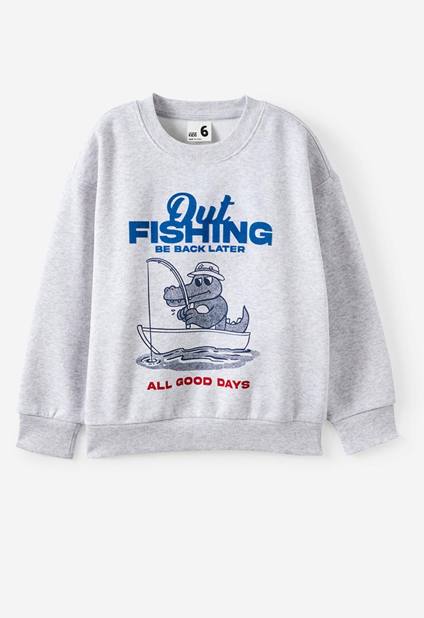 Cotton On - Sammy Oversize Crew - Grey Marle/Out Fishing 