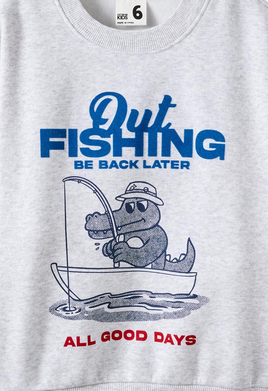 Cotton On - Sammy Oversize Crew - Grey Marle/Out Fishing 