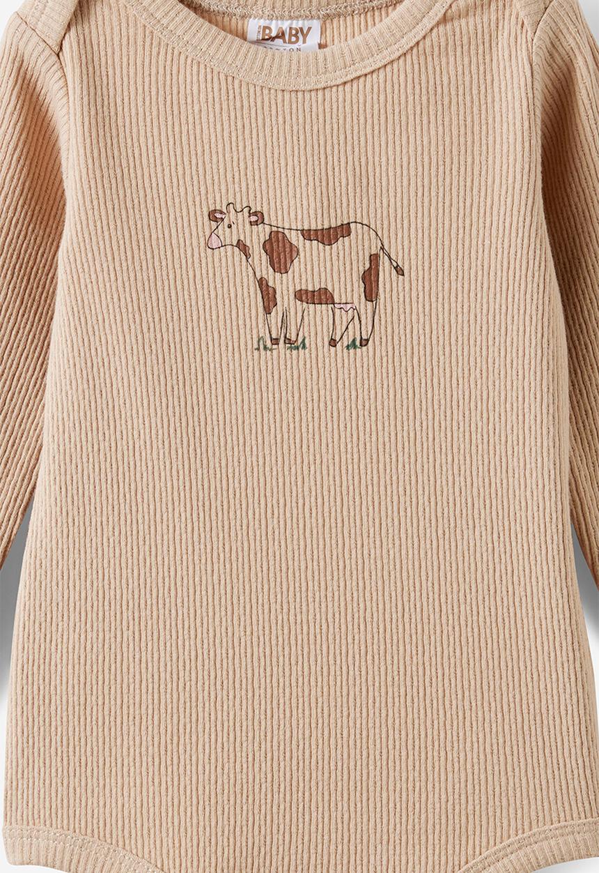Cotton On - Organic Pointelle Long Sleeve Bubbysuit - Latte Cream/Medow Mornings Cow