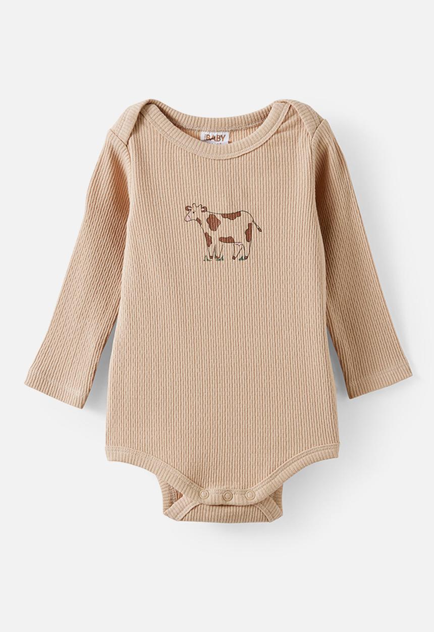 Cotton On - Organic Pointelle Long Sleeve Bubbysuit - Latte Cream/Medow Mornings Cow