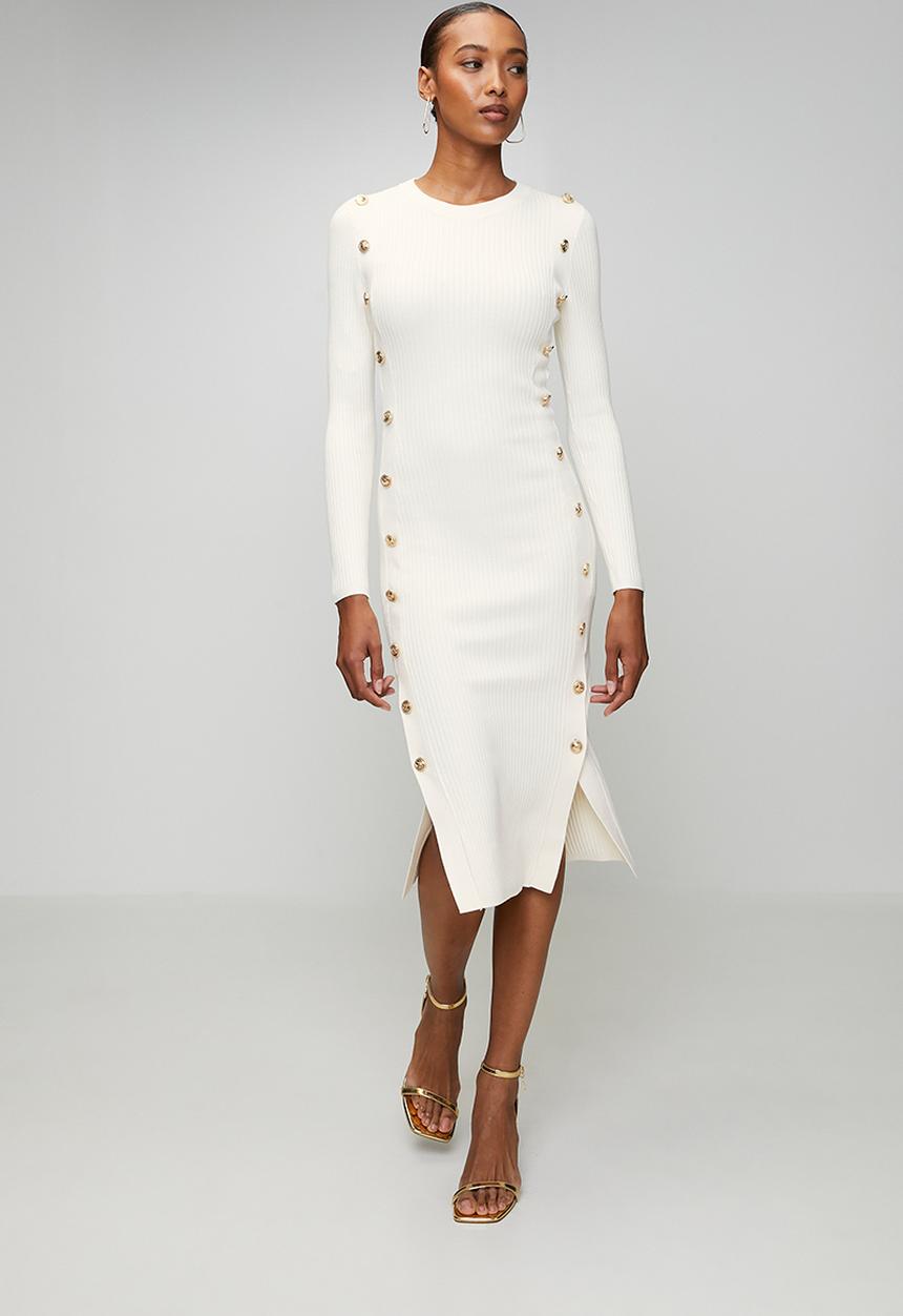 GUESS - Ls Rib Logo Button Vonn Dress - Dove White