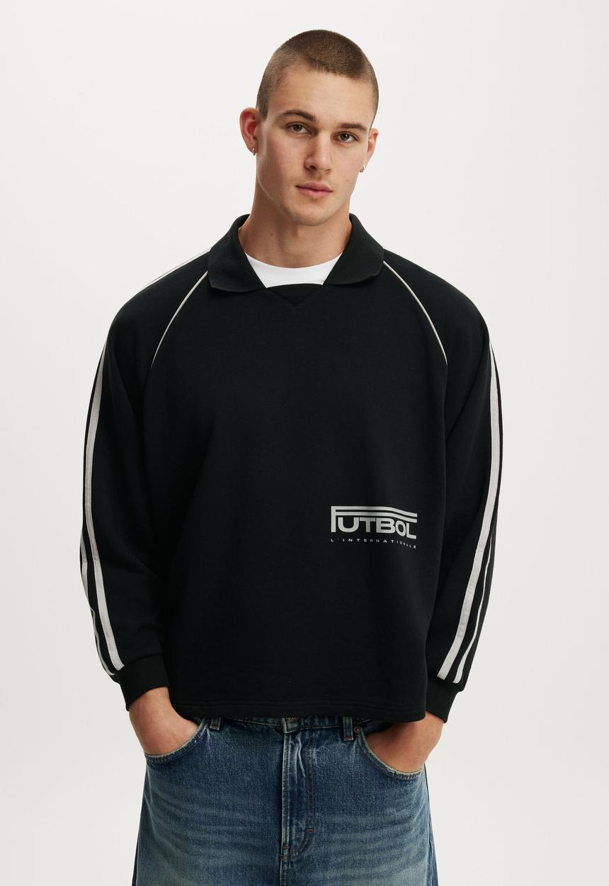 Cotton On - Raglan Polo Fleece- Black / Futbol