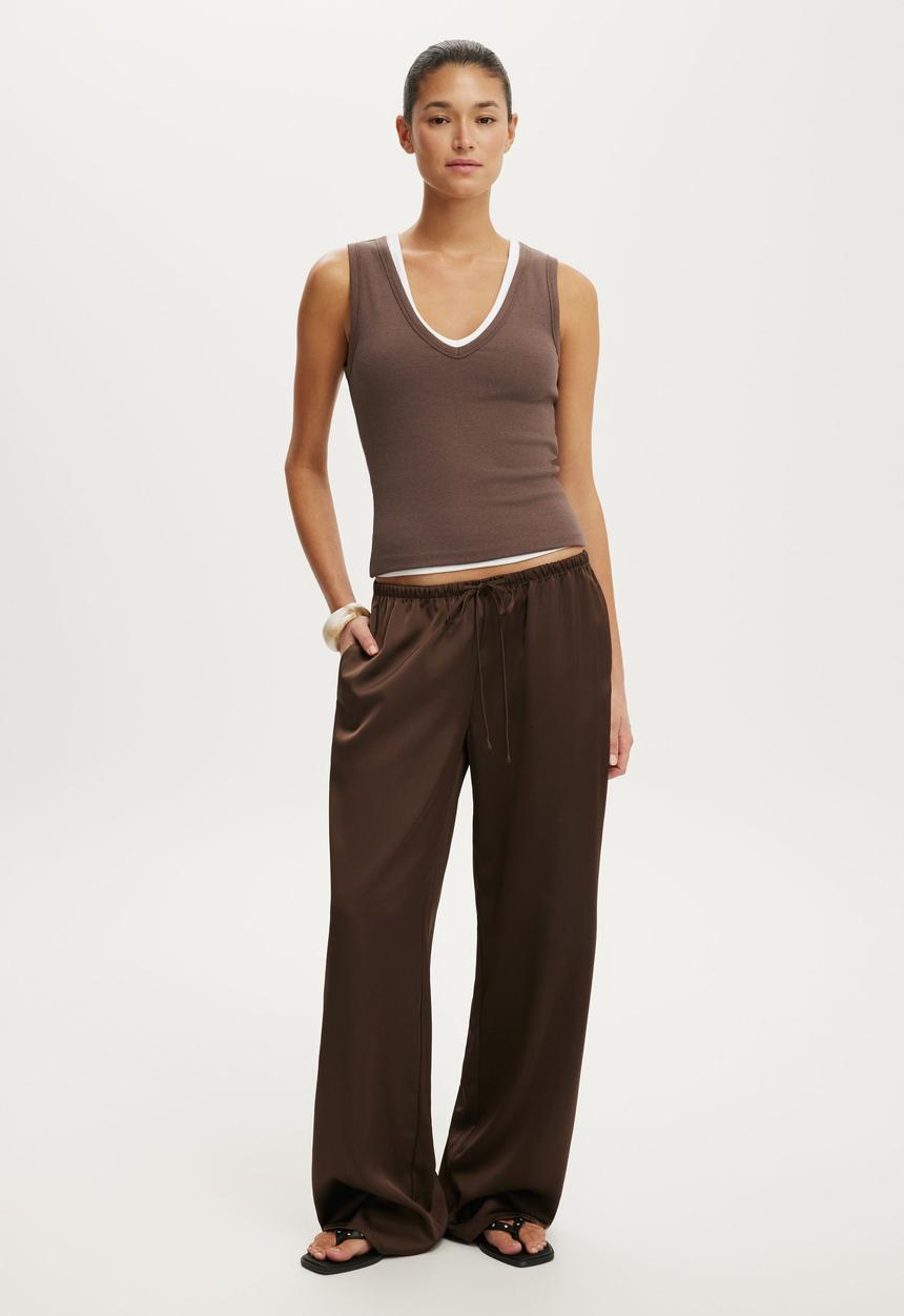 Cotton On - Dove Satin Pant - Dark Oak