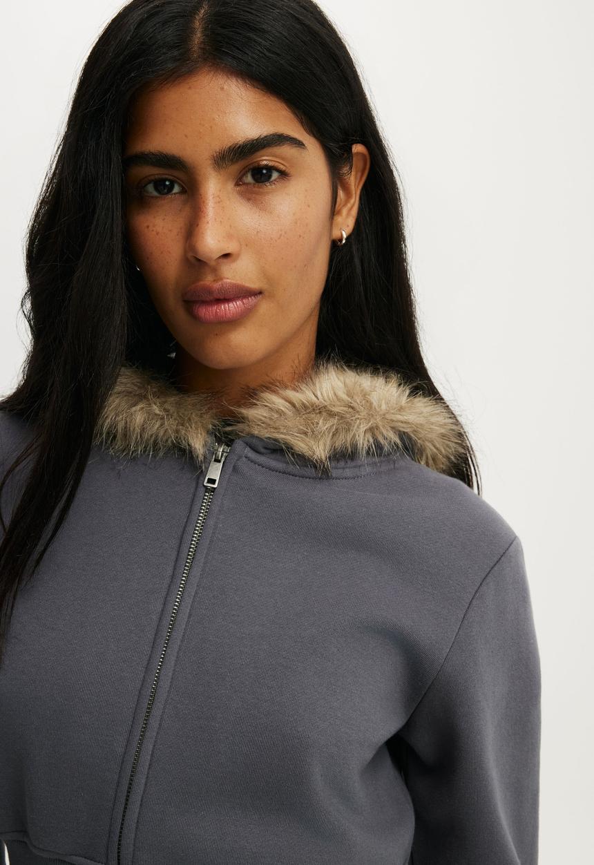 Cotton On - Corset band zip through hoodie - moonlight shadow/faux fur