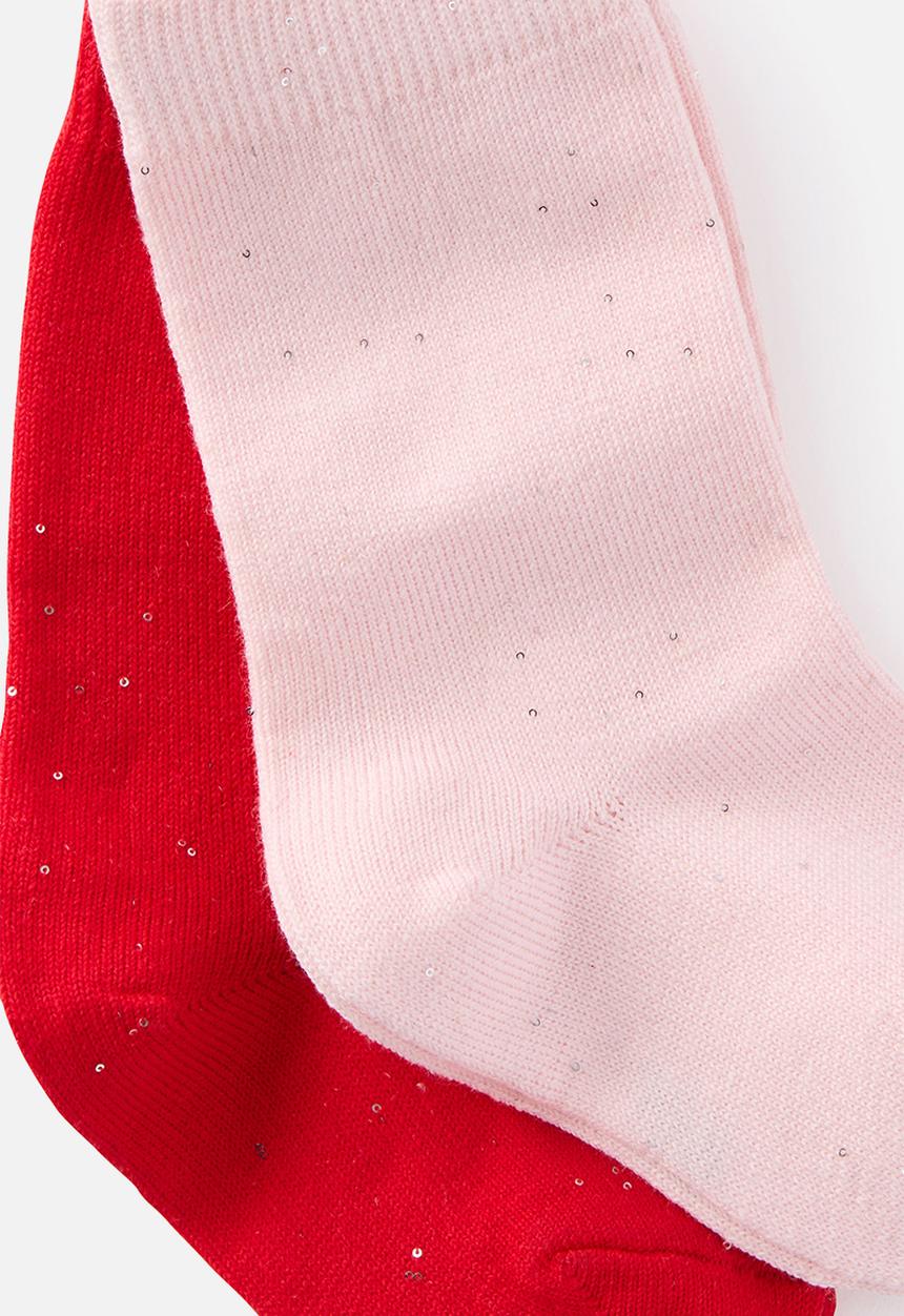 Cotton On - Kids 2Pk Longline Crew Socks - Tea Party Pink/Varsity Red Sequin