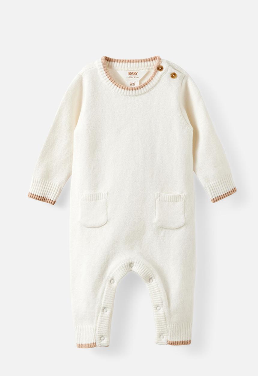 Cotton On - Organic Knit Long Sleeve Romper - Milk/Latte Cream