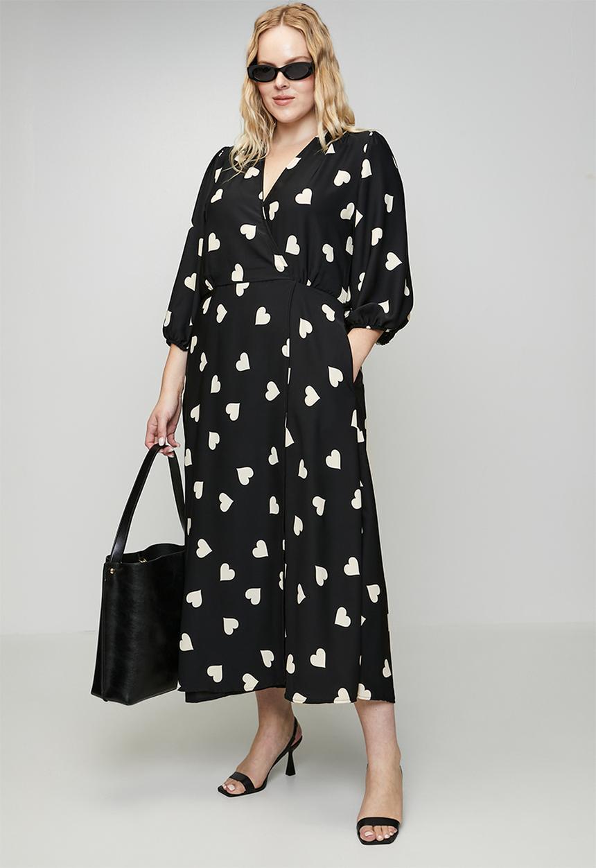 Me&B - Plus Heart Wrap Dress - Black/White