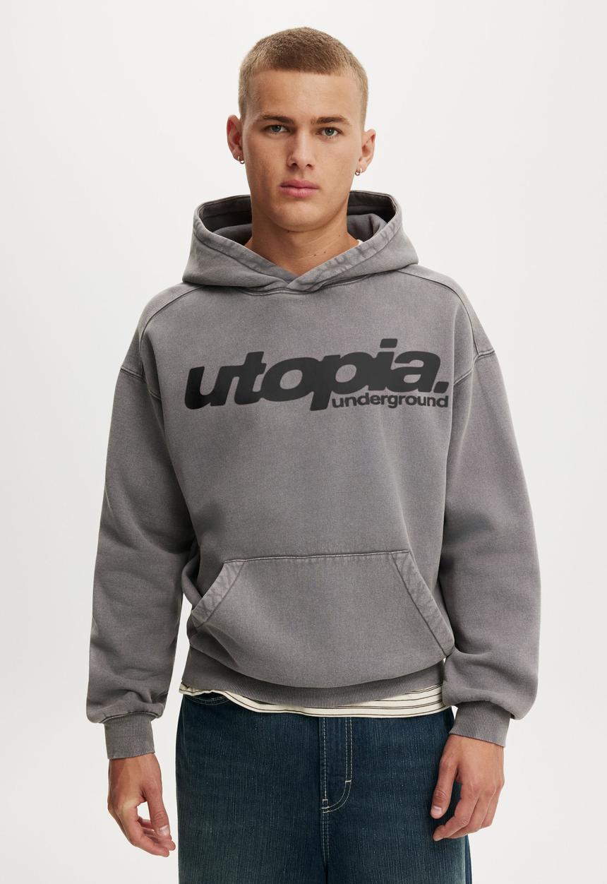Cotton On - Box Fit Graphic Hoodie - Slate Stone / Utopia