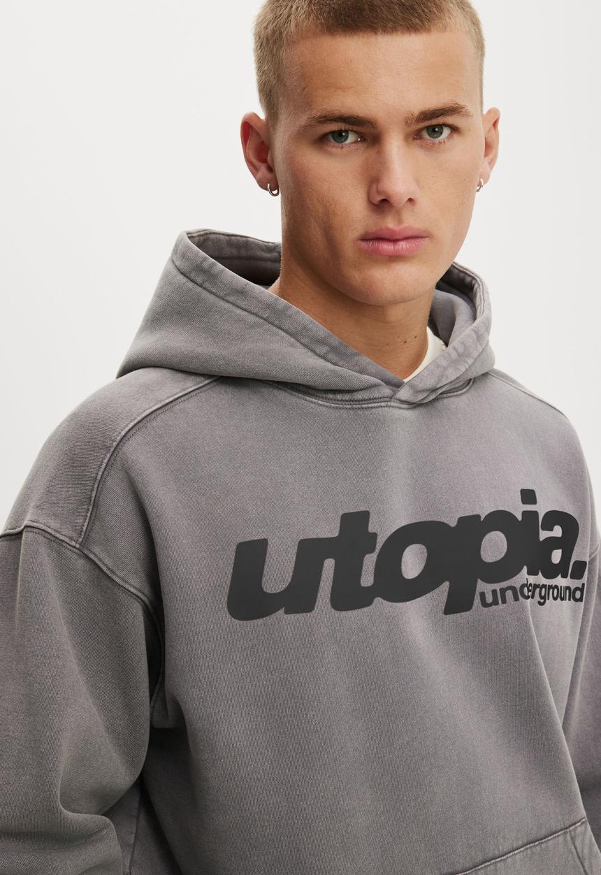 Cotton On - Box Fit Graphic Hoodie - Slate Stone / Utopia