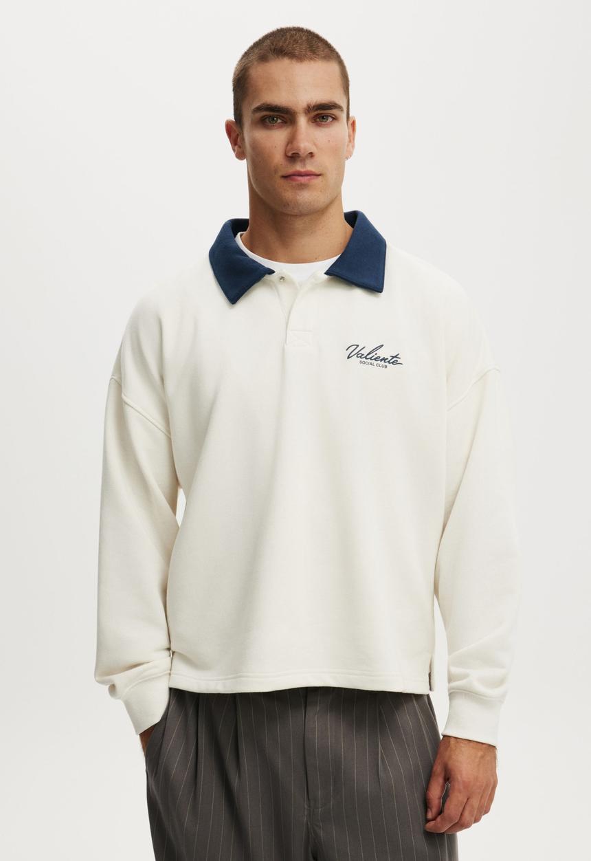 Cropped Fit Graphic Fleece Polo - Cream Puff / Washed Chocolate