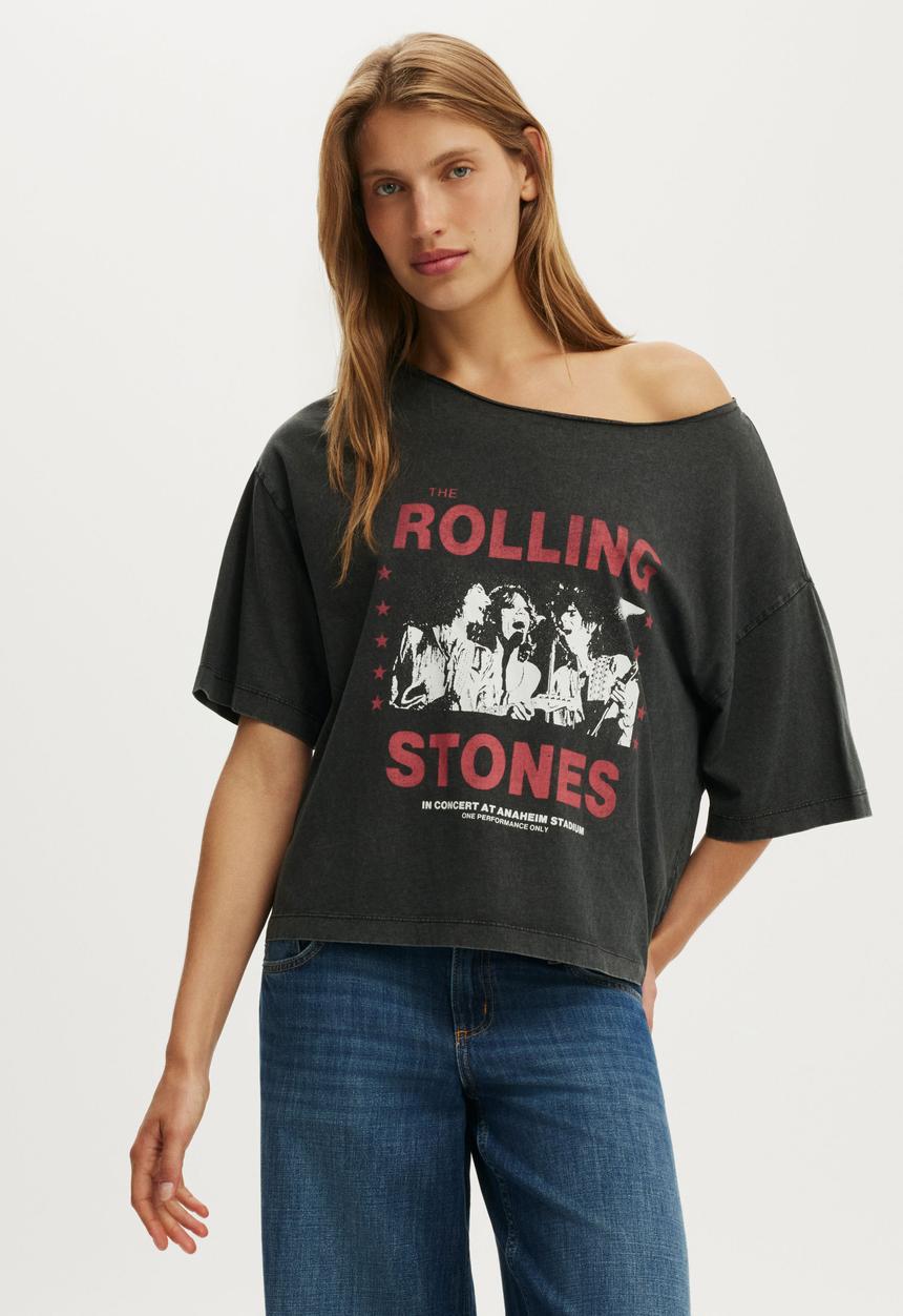 Cotton On - Lcn music off shoulder graphic tee - washed black