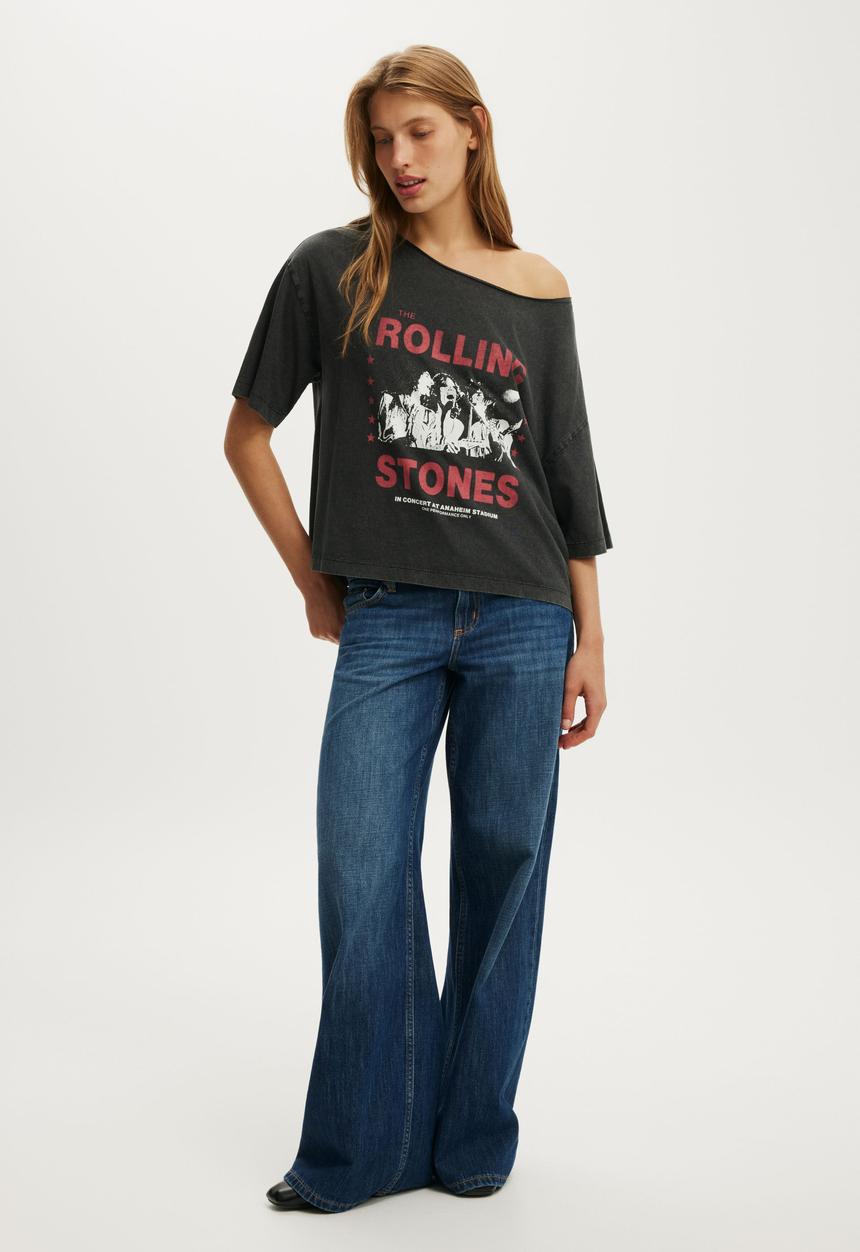 Cotton On - Lcn music off shoulder graphic tee - washed black
