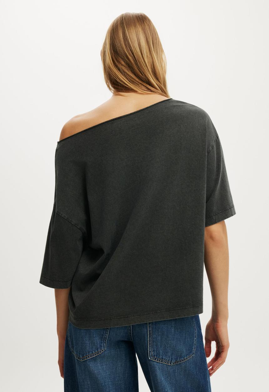 Lcn music off shoulder graphic tee - washed black