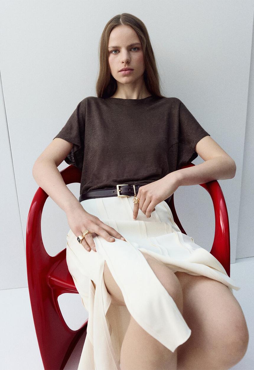 MANGO - T-shirt linu - brown
