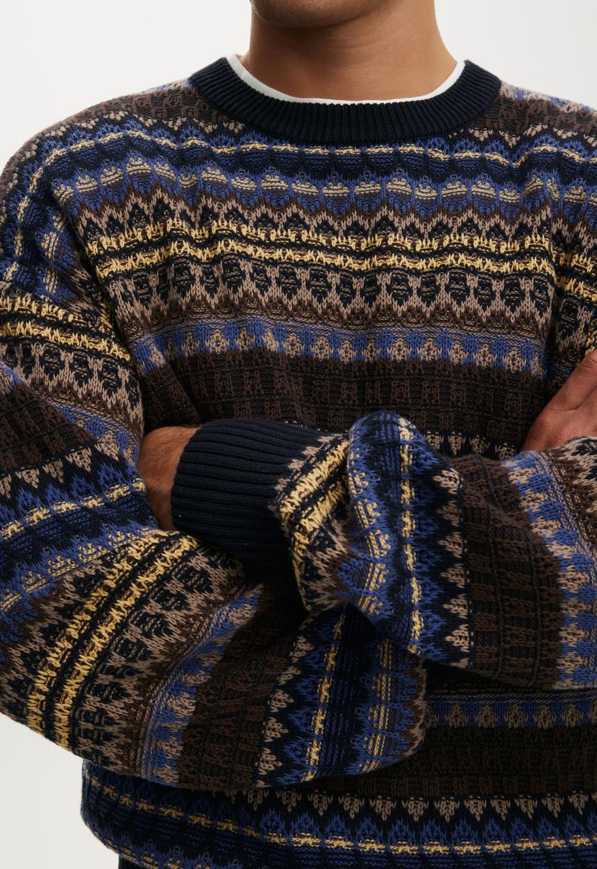 Cotton On - Box Fit Crew Knit - Navy Pattern