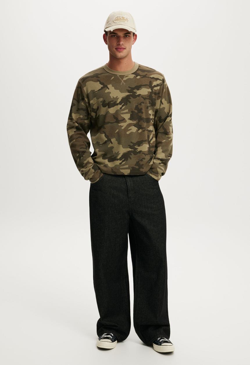 Cotton On - Cropped Fit Textured Long Sleeve - Camo Waffle