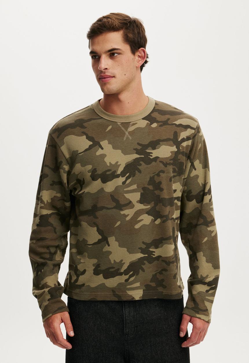 Cotton On - Cropped Fit Textured Long Sleeve - Camo Waffle