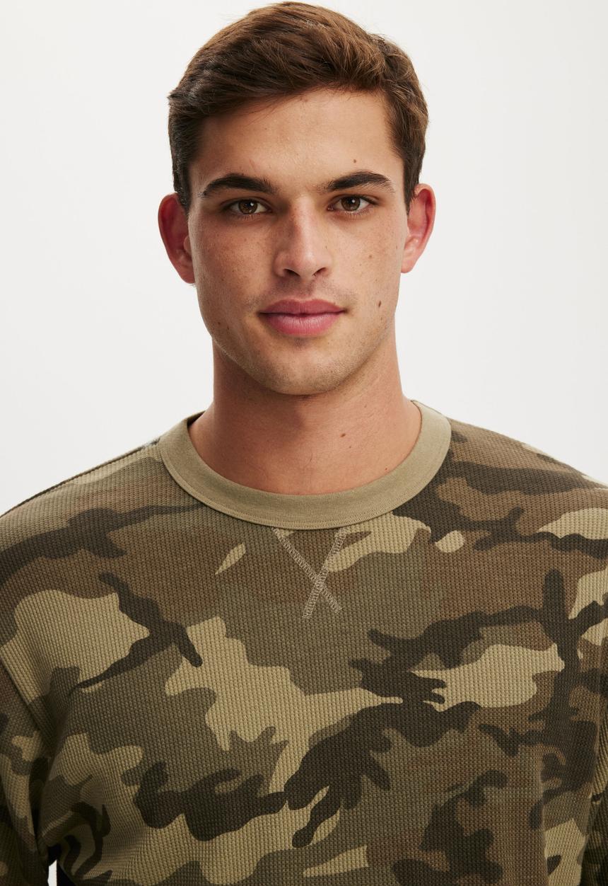 Cropped Fit Textured Long Sleeve- Camo Waffle