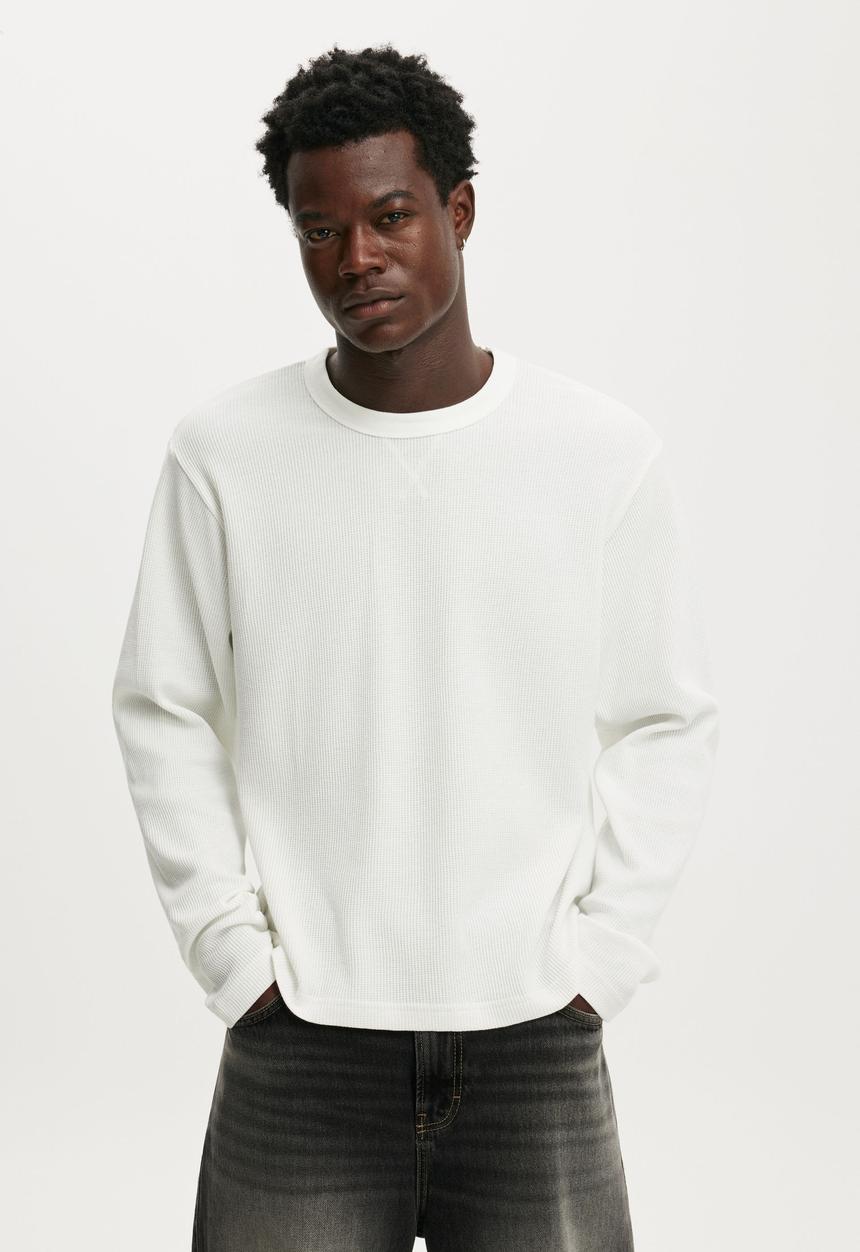 Cotton On - Cropped Fit Textured Long Sleeve - Vintage White Waffle
