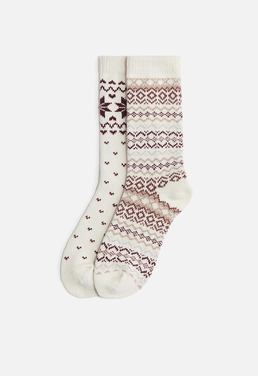 H&M - 2-pack socks - cream/brown patterned