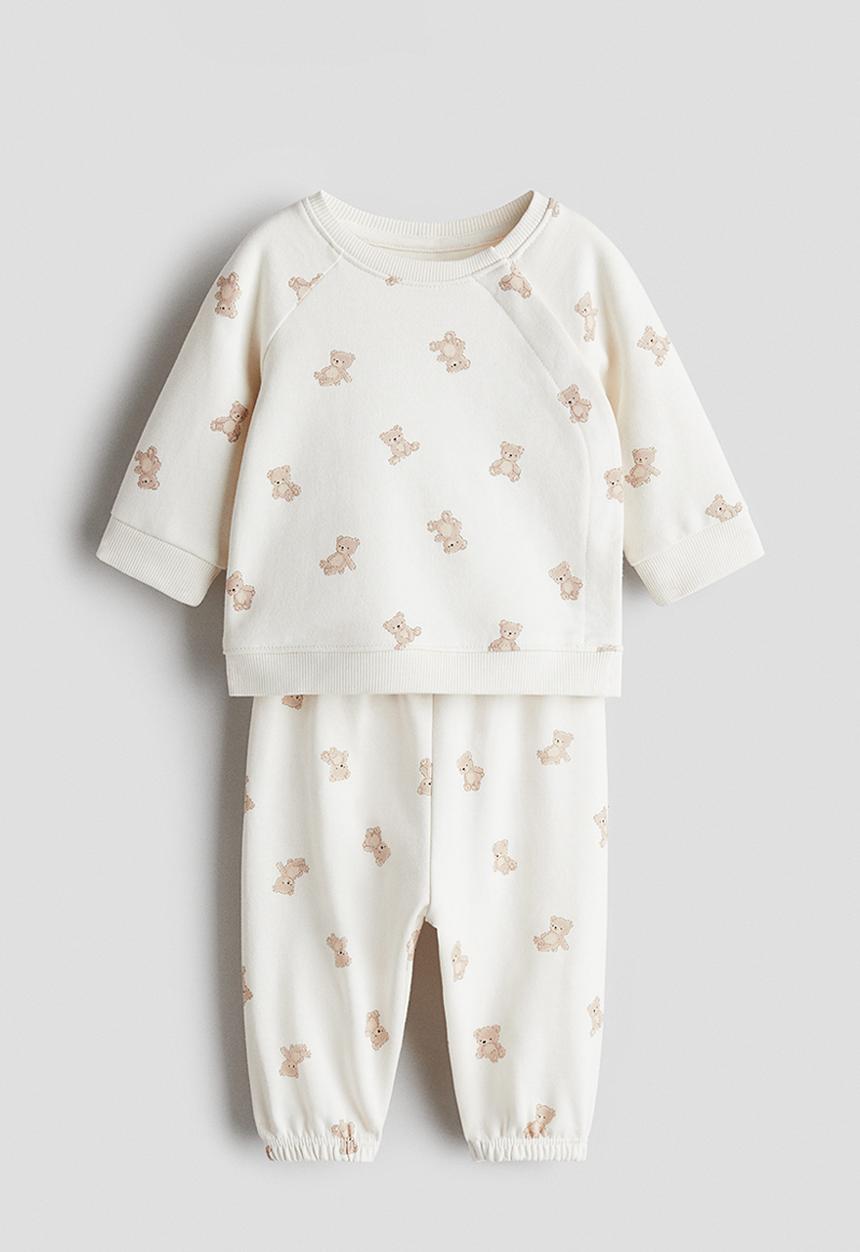 H&M - 2-piece printed cotton set - cream/teddy bears