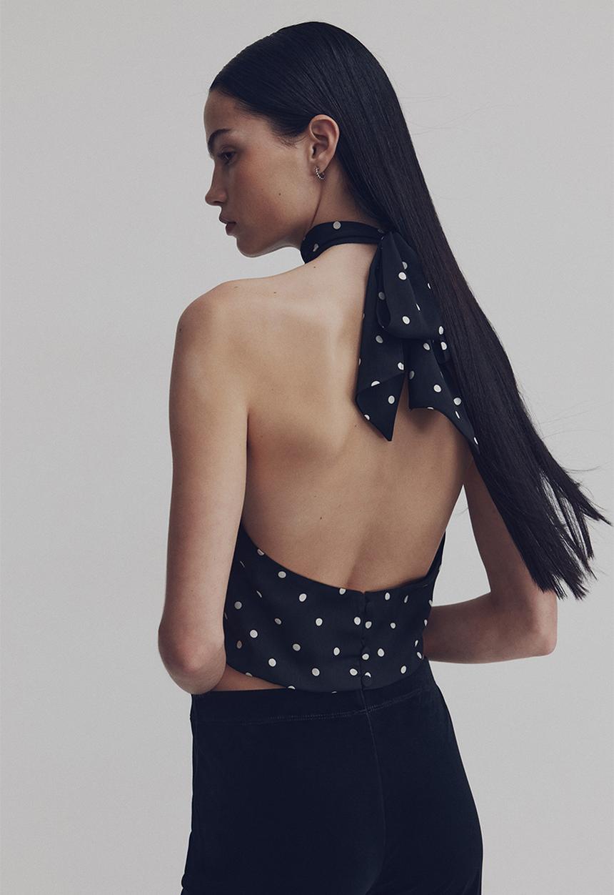 H&M - Satin halterneck top - black/spotted