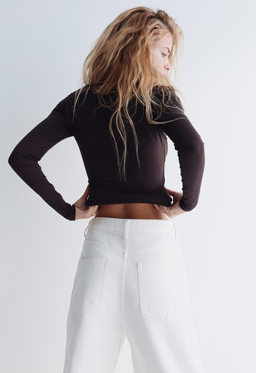 Long-sleeved microfibre top - dark brown - 1300927004