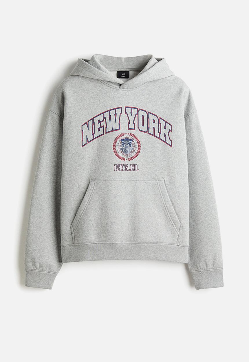 H&M - Loose fit printed hoodie - grey marl/new york