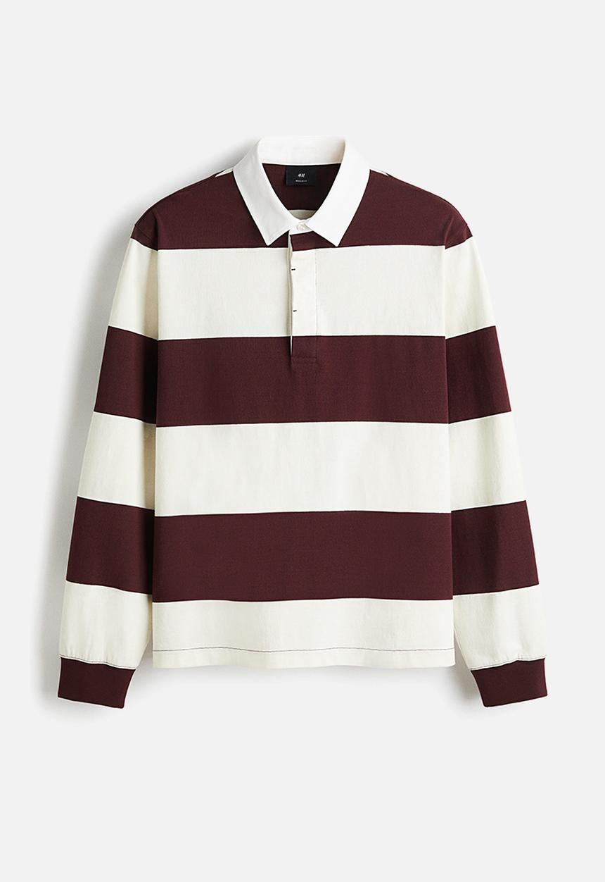 H&M - Regular fit cotton rugby shirt - burgundy/striped