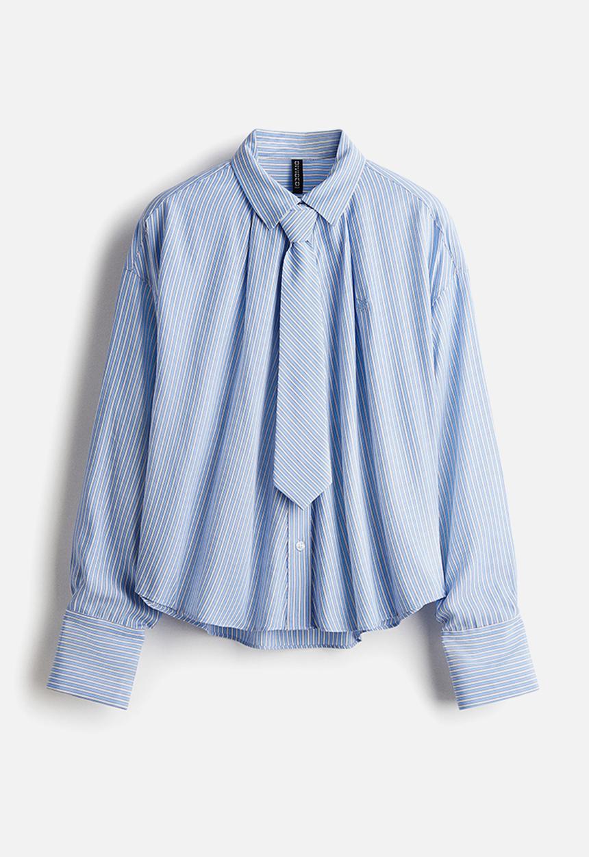 H&M - Tie-detail shirt - blue/striped