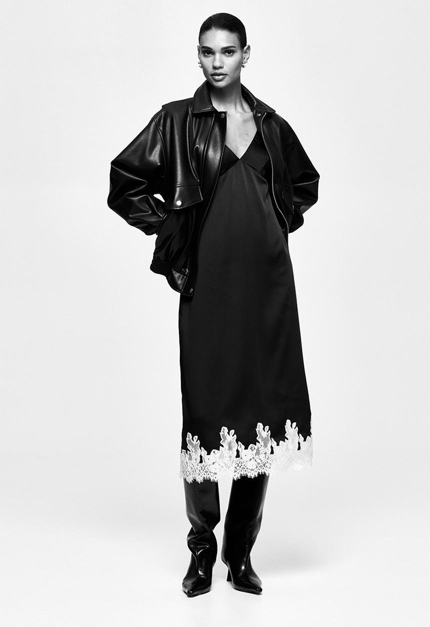 H&M - Lace-trimmed satin dress - black/cream