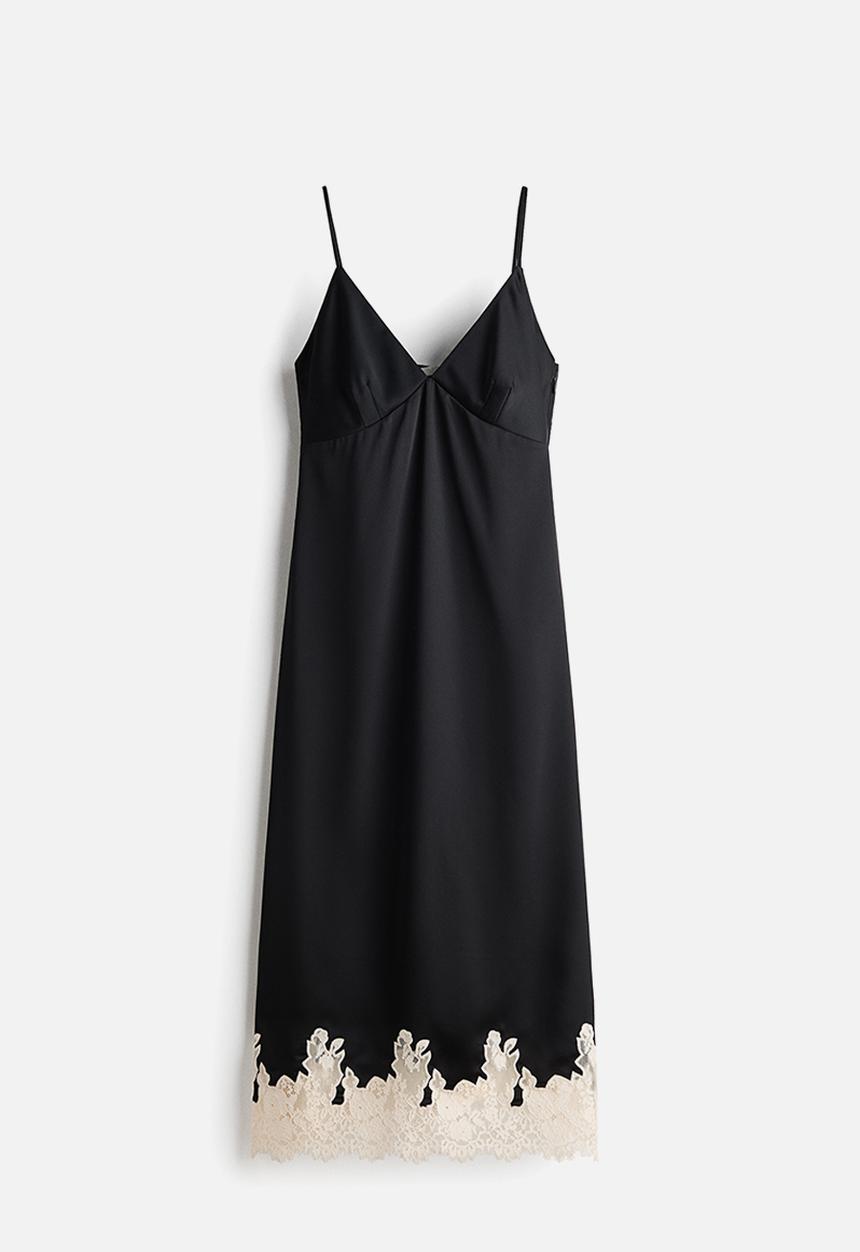 H&M - Lace-trimmed satin dress - black/cream