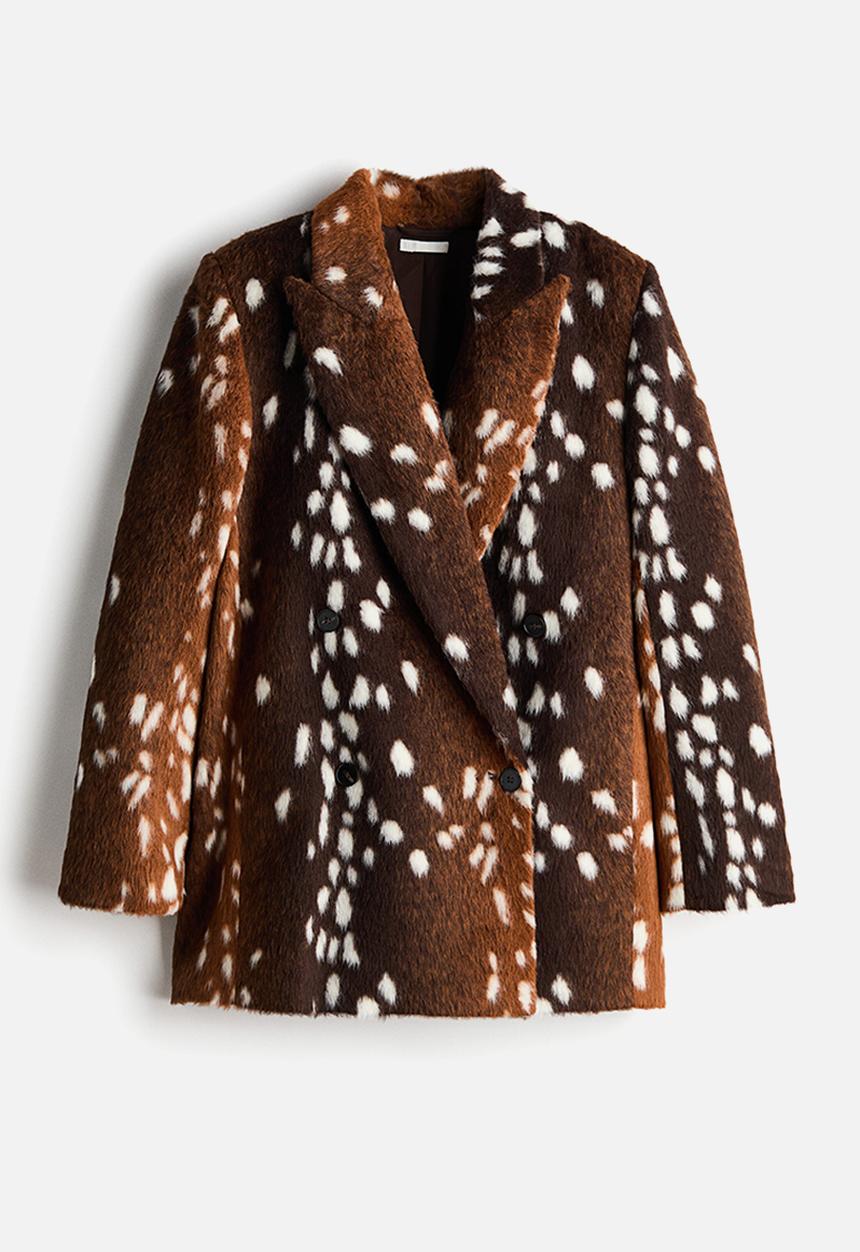 H&M - Double-breasted fuzzy blazer - dark brown/dark beige