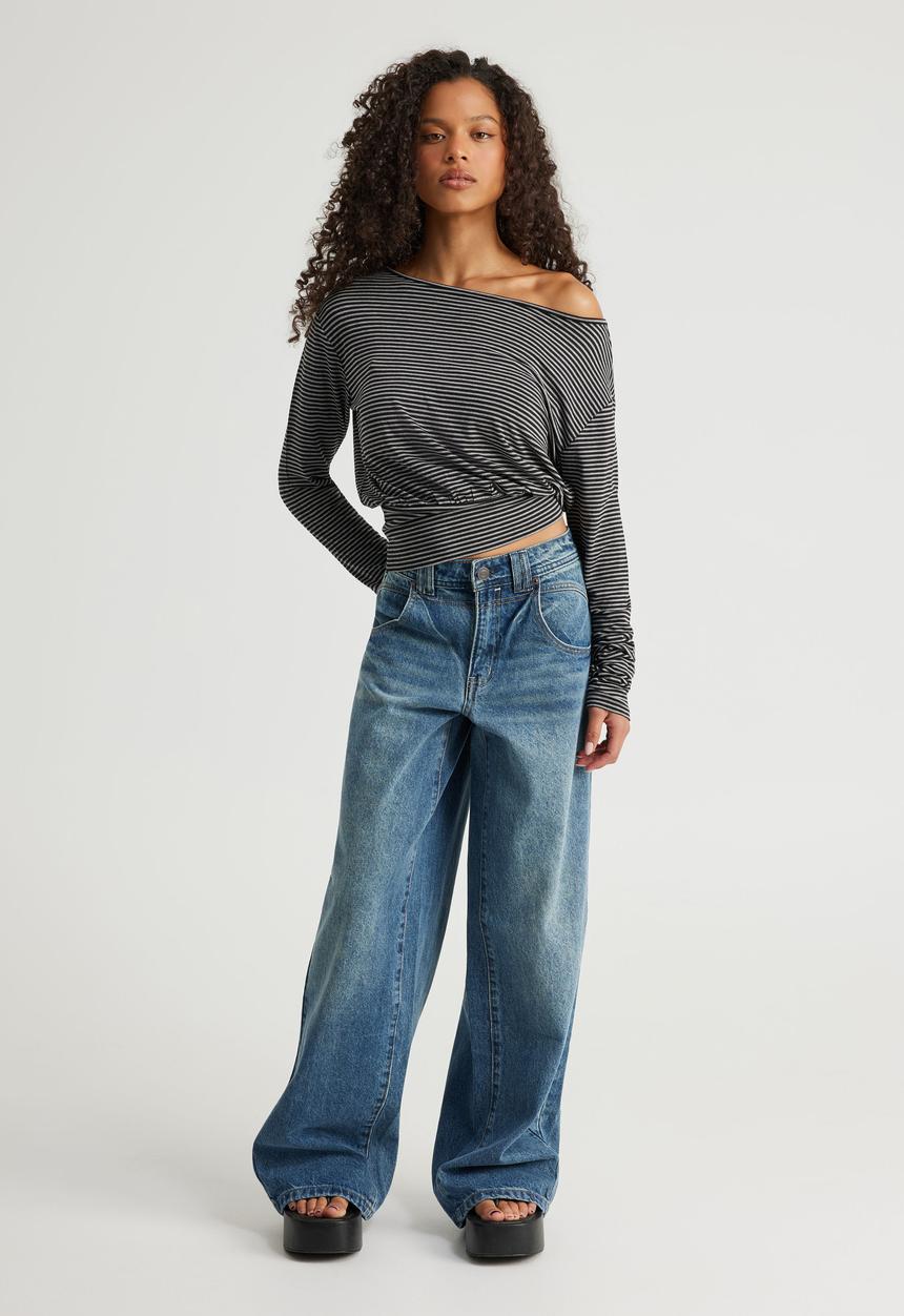 Factorie - Long Sleeve Off Shoulder Top - Black/Gunmetalmarle Stripe