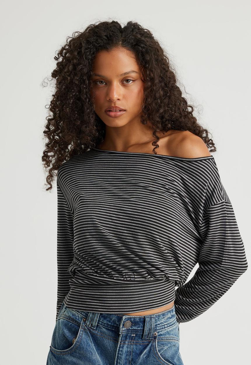 Factorie - Long Sleeve Off Shoulder Top - Black/Gunmetalmarle Stripe