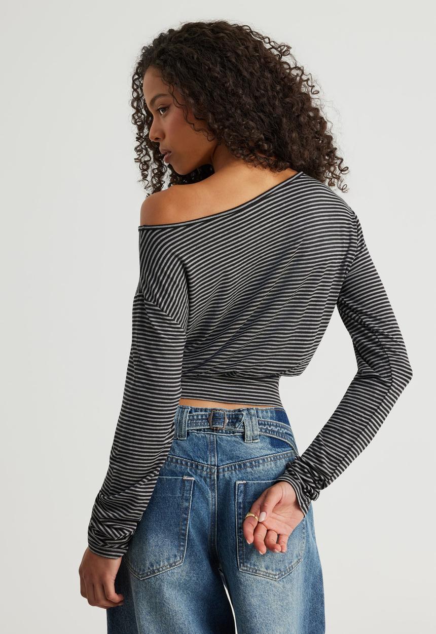 Factorie - Long Sleeve Off Shoulder Top - Black/Gunmetalmarle Stripe