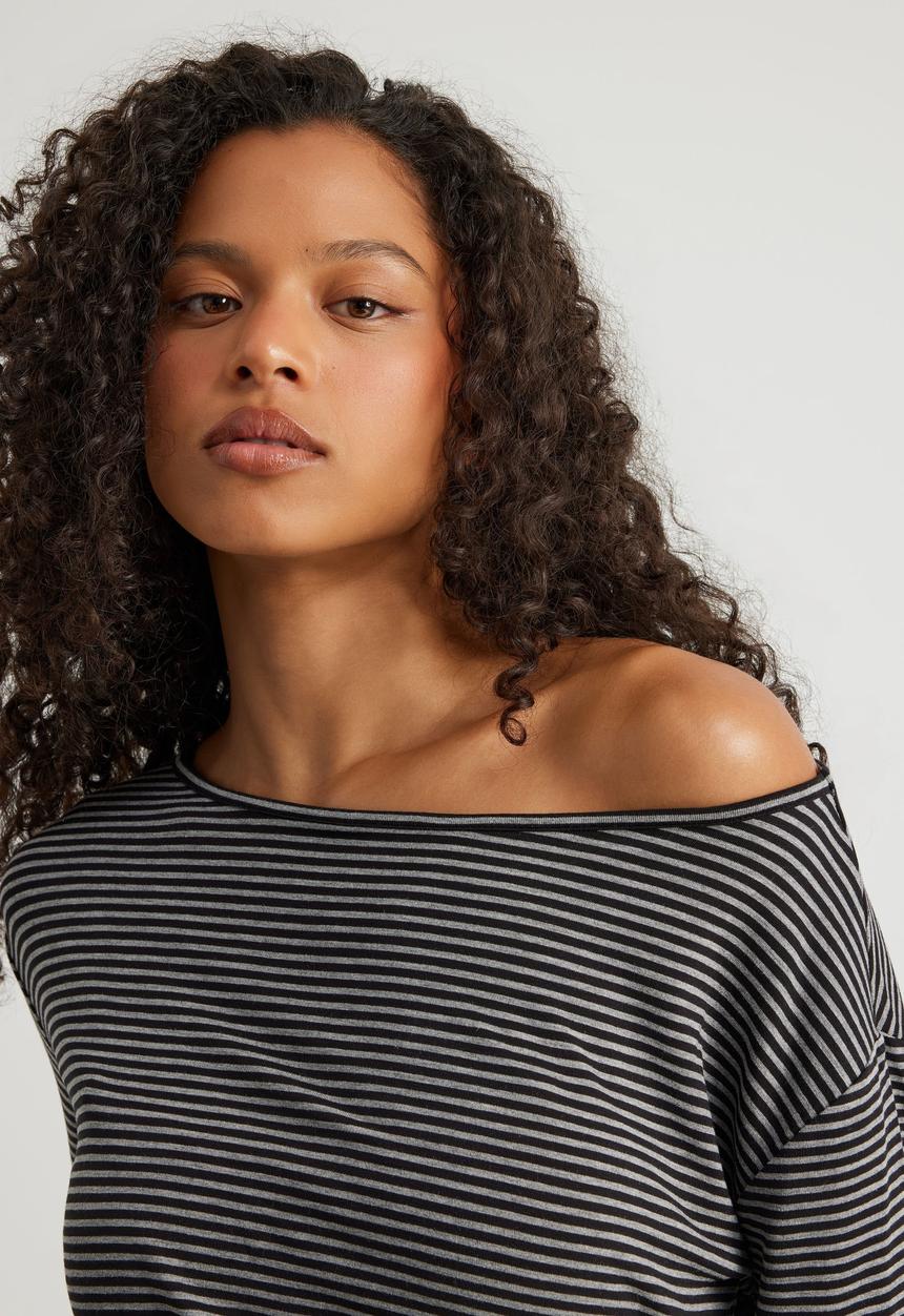 Factorie - Long Sleeve Off Shoulder Top - Black/Gunmetalmarle Stripe