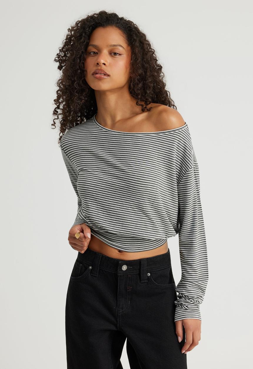 Factorie - Long Sleeve Off Shoulder Top - Cloud/Gunmetal Marlestripe