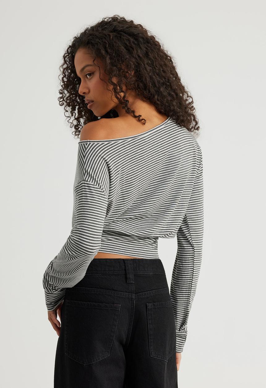 Factorie - Long Sleeve Off Shoulder Top - Cloud/Gunmetal Marlestripe