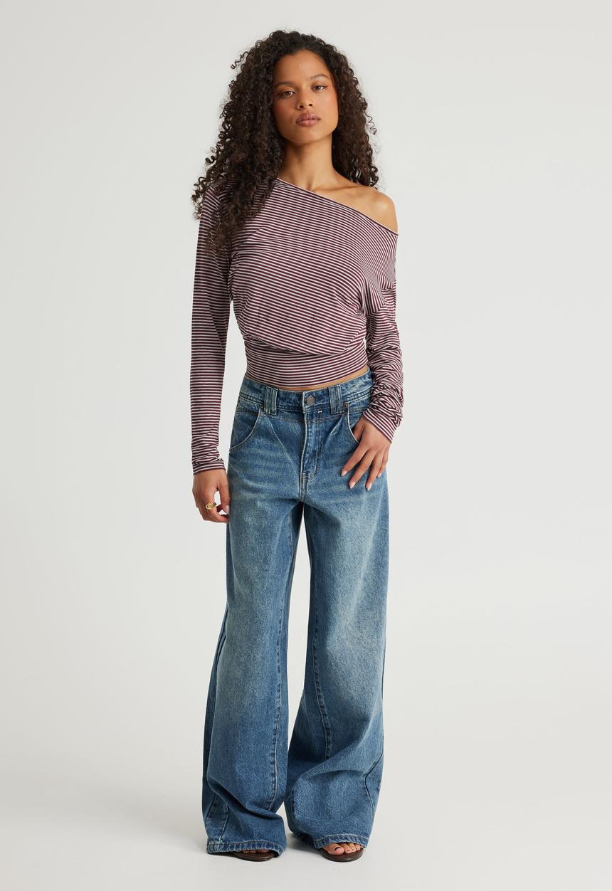 Factorie - Long Sleeve Off Shoulder Top - Merlot/Grey Marle Stripe