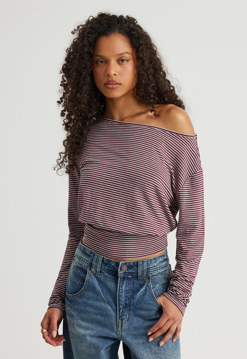 Factorie - Long Sleeve Off Shoulder Top - Merlot/Grey Marle Stripe