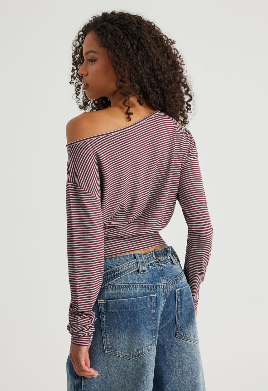 Factorie - Long Sleeve Off Shoulder Top - Merlot/Grey Marle Stripe