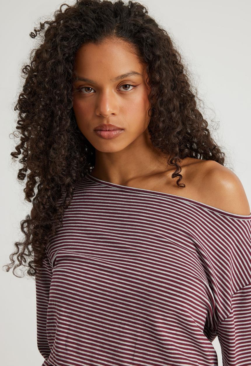 Factorie - Long Sleeve Off Shoulder Top - Merlot/Grey Marle Stripe